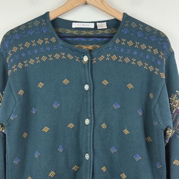VTG Le Moda Knitwear Cardigan Sweater Womens M Button Up Dainty Cottage Grandma - Picture 2 of 8